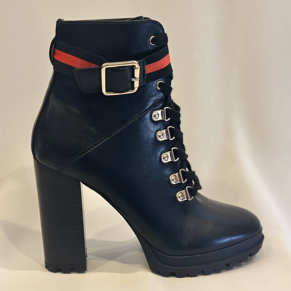 (Never Used) Black High Heeled Booties with Red & Black Stripped Ankle Strap